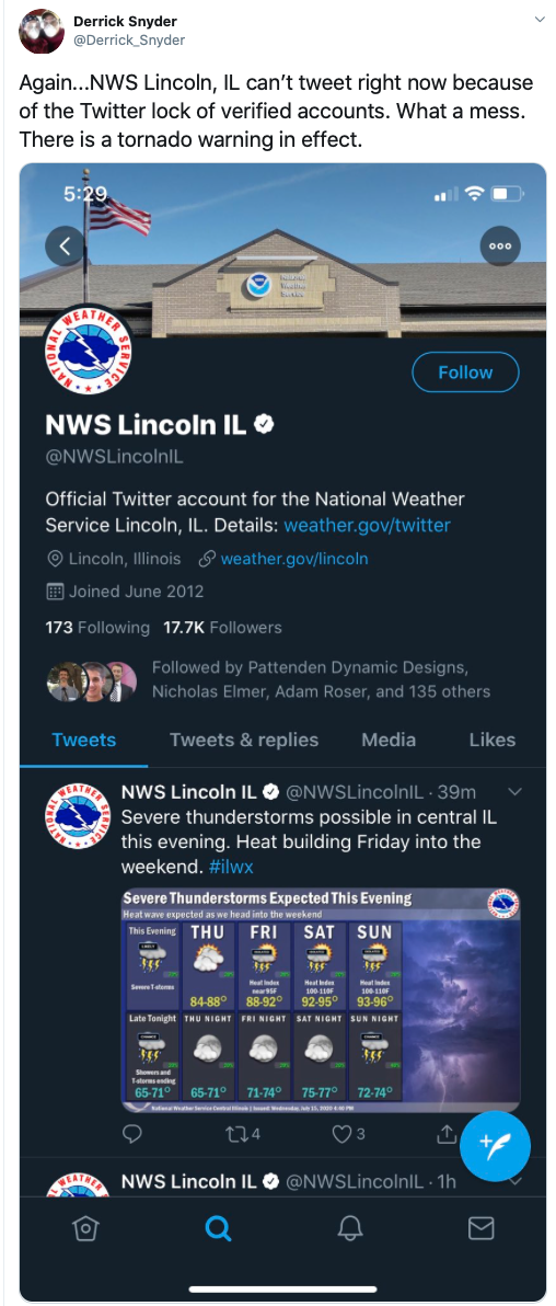 Tweet noting that the National Weather Service couldn&rsquo;t tweet a tornado alert